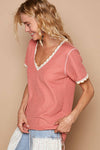 Pol Clothing - Colored trim v-neck short sleeve solid basic knit top: PALE SAGE / S