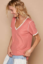 Pol Clothing - Colored trim v-neck short sleeve solid basic knit top: PALE SAGE / S