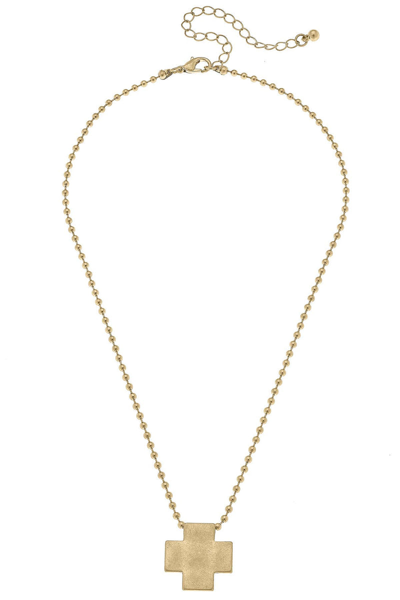 Canvas Style - Edith Square Cross Ball Bead Necklace in Worn Gold