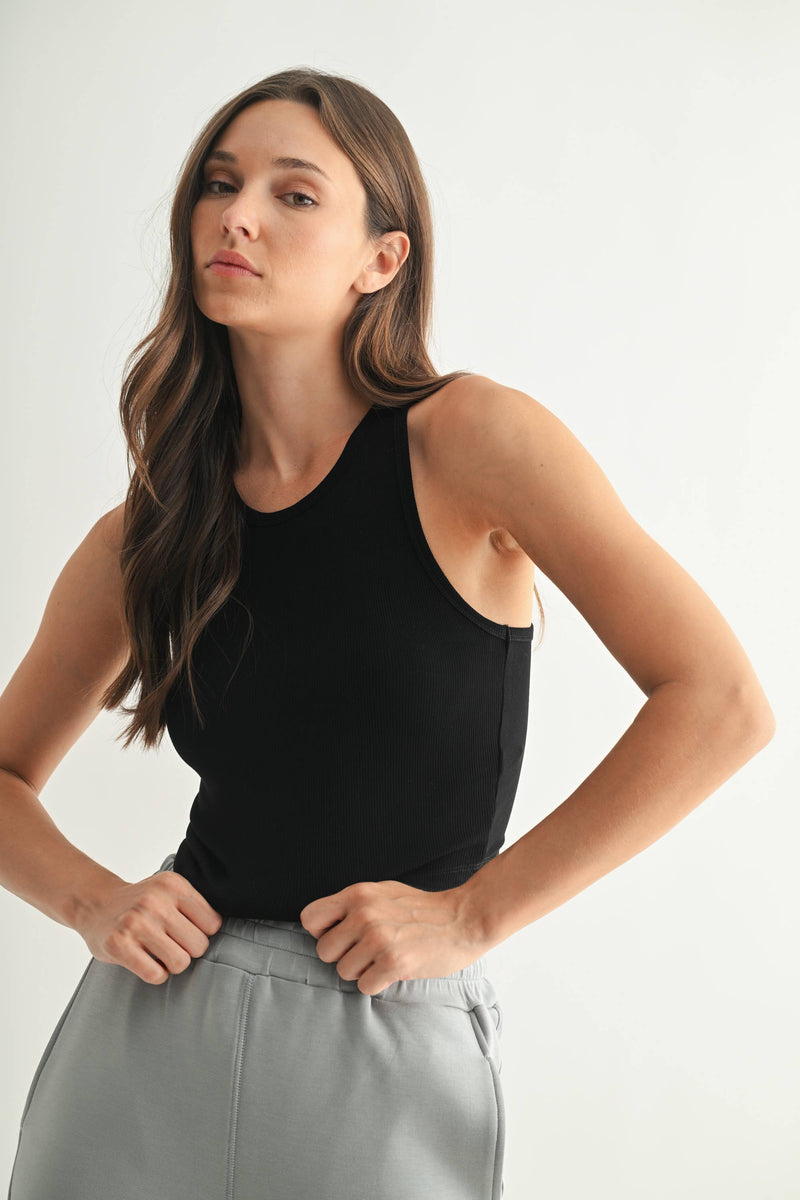 Mono B - Essential Micro-Ribbed Racer Athleisure Tank Top: BASIC WHITE / S:M:L (2:2:2)