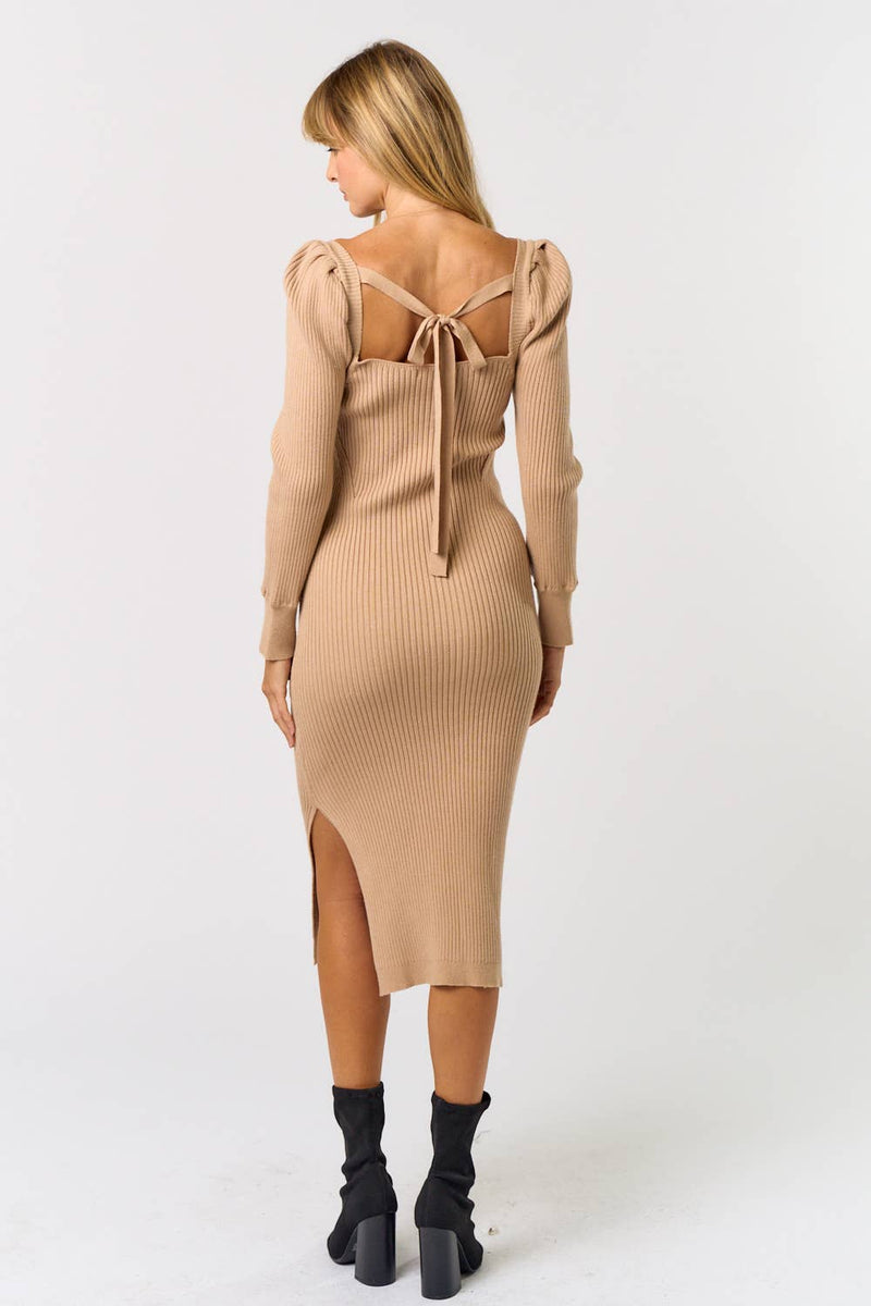  LONG PUFF SLEEVE MIDI SWEATER DRESS WITH BACK TIE