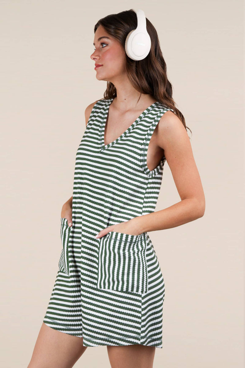 VERY J - NP70744-Striped Knit Casual Comfy Romper: DENIM / S-M-L/2-2-2