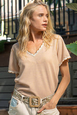 Pol Clothing - Colored trim v-neck short sleeve solid basic knit top: PALE SAGE / S
