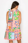 Coral Retro Tropical Print Cotton Mini Dress