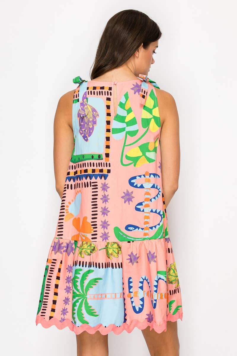 Coral Retro Tropical Print Cotton Mini Dress