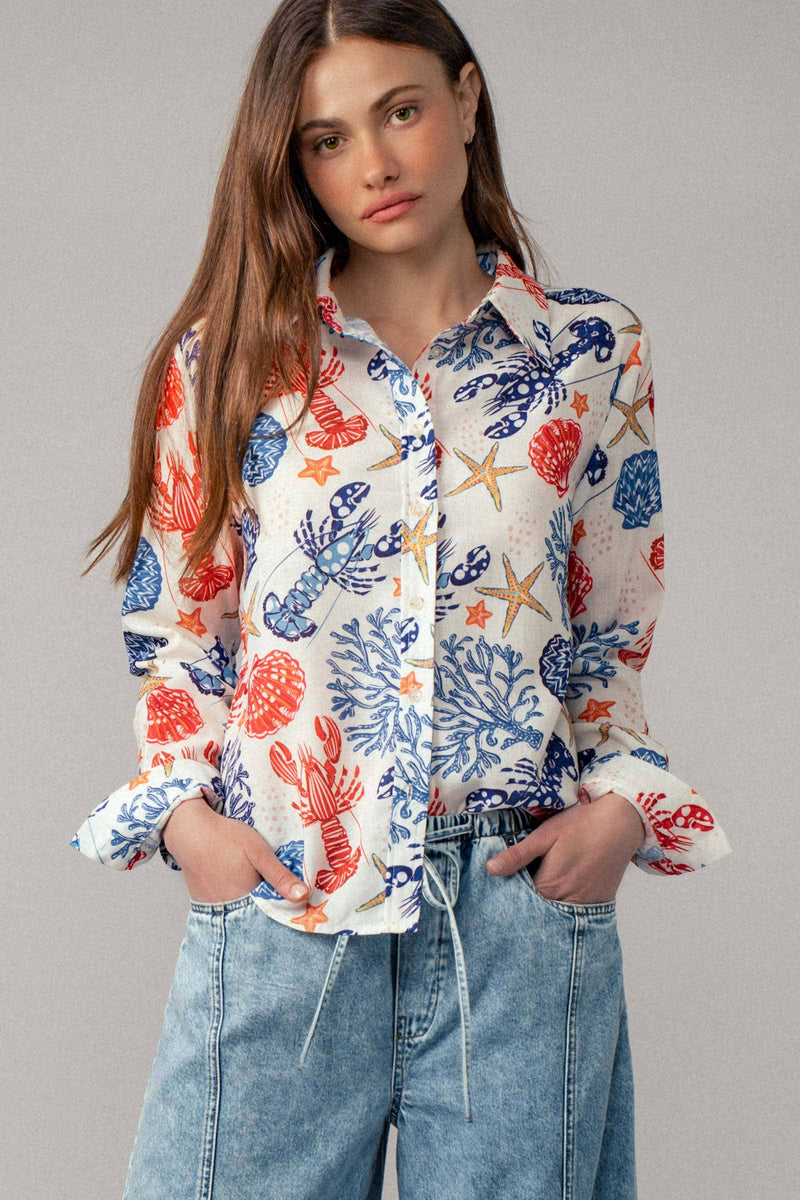 Urban Daizy - Ocean Shell & Lobster Print Relaxed Summer Shirt: MULTI / S-2/M-2/L-2