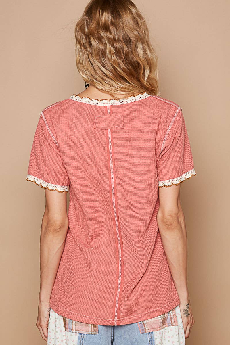 Pol Clothing - Colored trim v-neck short sleeve solid basic knit top: PALE SAGE / S