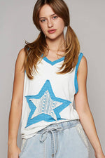 Pol Clothing - V-neck sleeveless color block front crochet star solid top: BASIL/DEEP TEAL / S