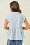 Striped Notch Collar Neck Rolled-up Cap Sleeve Top