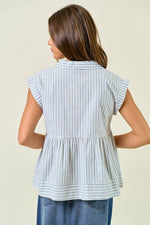 Striped Notch Collar Neck Rolled-up Cap Sleeve Top