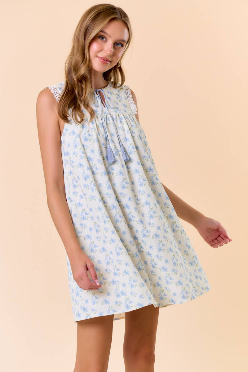 Floral Tie Front Lace Ruffled Sleeveless Mini Dress