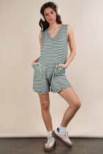 VERY J - NP70744-Striped Knit Casual Comfy Romper: DENIM / S-M-L/2-2-2