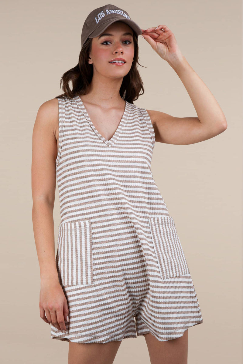 VERY J - NP70744-Striped Knit Casual Comfy Romper: DENIM / S-M-L/2-2-2