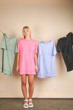 VERY J - ND31634-Mineral Washed Knit Oversized Shift Mini Dress: BLUE / S-M-L/2-2-2