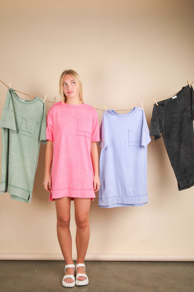 VERY J - ND31634-Mineral Washed Knit Oversized Shift Mini Dress: BLUE / S-M-L/2-2-2
