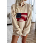 Knit Round Neck Flag Print Loose Fit Sweater: BEIGE