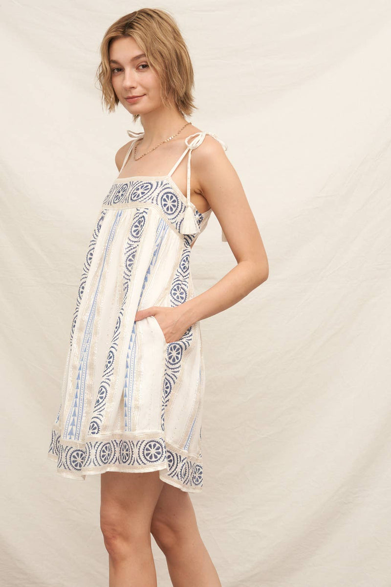 En Crème - Embroidered Mini Dress with Tassel Shoulder Ties and Lurex D: White Blue / S