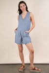 VERY J - NP70744-Striped Knit Casual Comfy Romper: DENIM / S-M-L/2-2-2