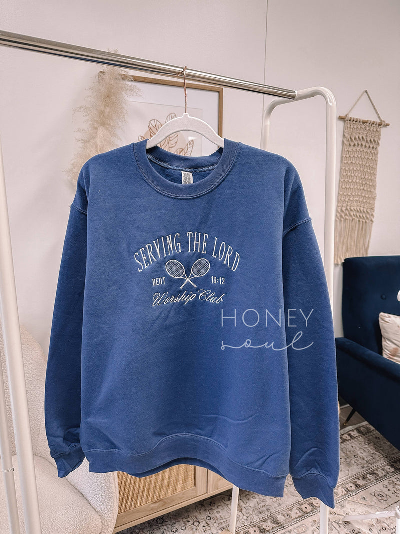 Honey Soul LLC - Embroidered Serving The Lord Sweatshirt: Indigo / Xlarge