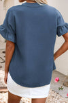 Little Daisy Closet -  LDC Solid Color Ruffle Ruched Short Sleeve Buttoned Shirt: Real Teal / S