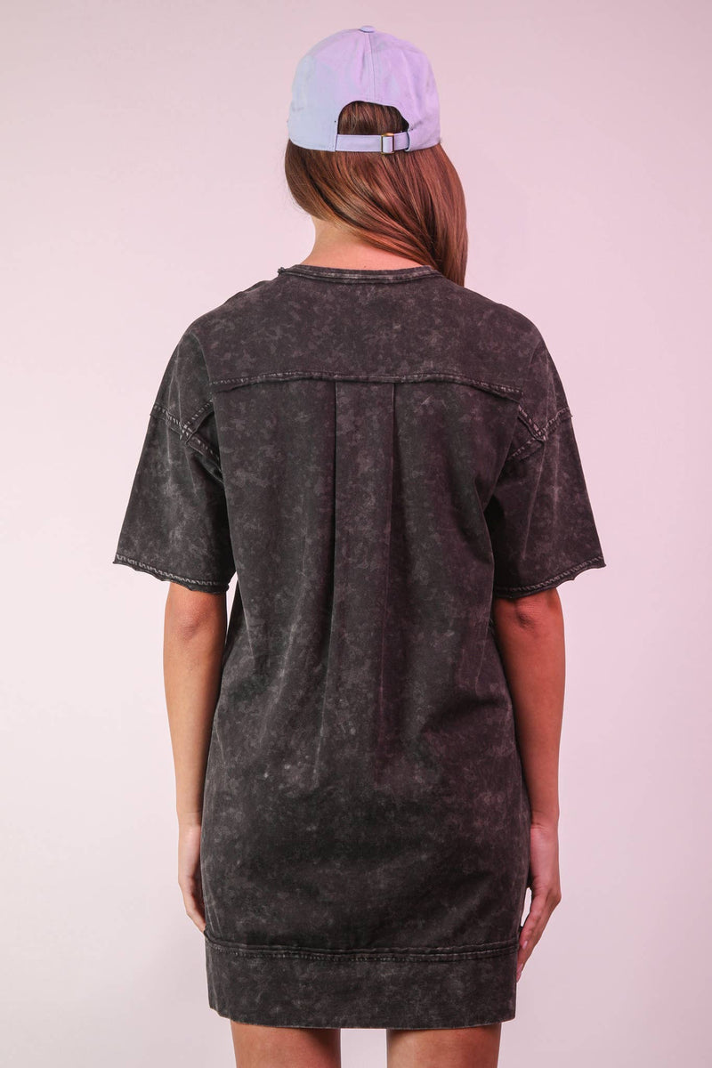 VERY J - ND31634-Mineral Washed Knit Oversized Shift Mini Dress: BLUE / S-M-L/2-2-2