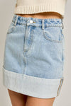 LE LIS - HIGH WAISTED CUFFED DENIM MINI SKIRT: Washed Denim / S