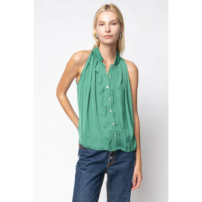 Scallop-trim Button Up Sleeveless Top