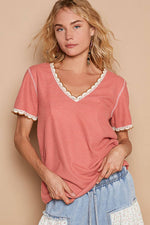 Pol Clothing - Colored trim v-neck short sleeve solid basic knit top: PALE SAGE / S