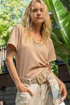 Pol Clothing - Colored trim v-neck short sleeve solid basic knit top: PALE SAGE / S