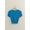 SCOOP NECK SHORT SLEEVE KNIT TOP: BLUE / L