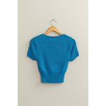 SCOOP NECK SHORT SLEEVE KNIT TOP: BLUE / L