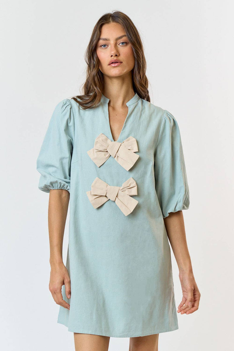 LINEN FRONT BOW DETAIL PUFF SLEEVE MINI DRESS