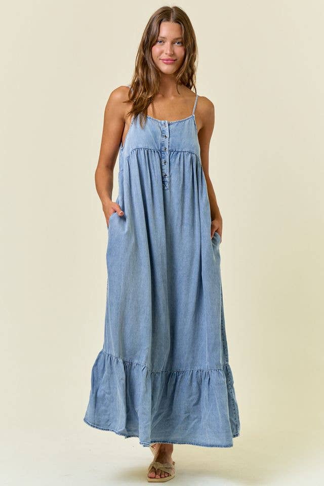 Tencel Chambray Tiered Ruffled Skirt Midi Dress