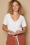 Pol Clothing - Colored trim v-neck short sleeve solid basic knit top: PALE SAGE / S