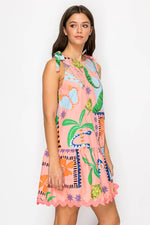 Coral Retro Tropical Print Cotton Mini Dress