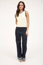 The Workshop Studio - CONTRAST TRIM CROCHET KNIT SLEEVELESS SWEATER TOP: IVORY