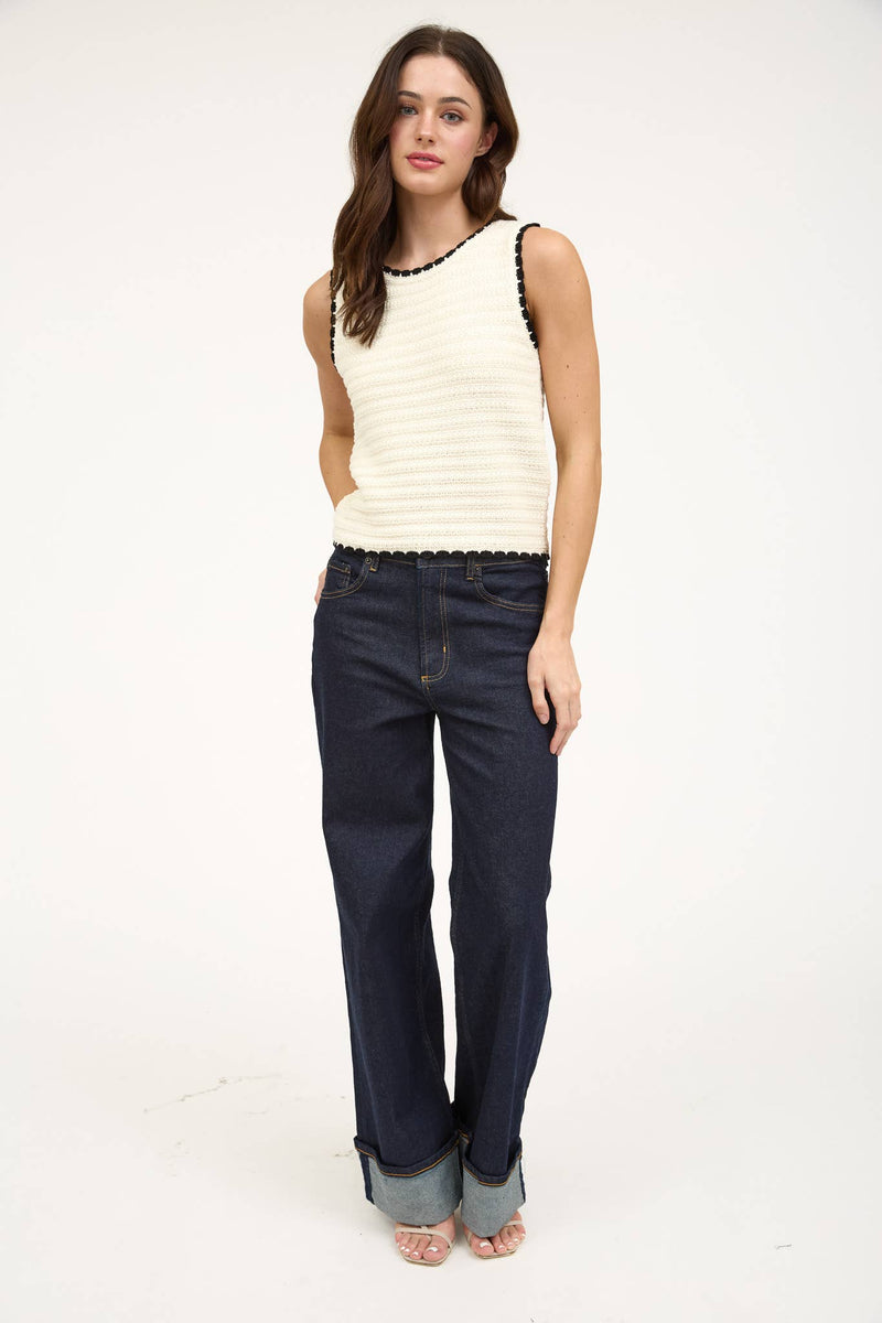 The Workshop Studio - CONTRAST TRIM CROCHET KNIT SLEEVELESS SWEATER TOP: IVORY