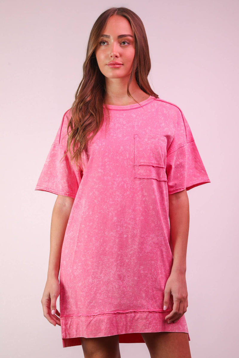 VERY J - ND31634-Mineral Washed Knit Oversized Shift Mini Dress: BLUE / S-M-L/2-2-2