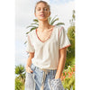 Pol Clothing - Colored trim v-neck short sleeve solid basic knit top: PALE SAGE / S