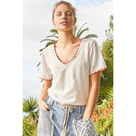 Pol Clothing - Colored trim v-neck short sleeve solid basic knit top: PALE SAGE / S