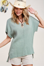 Loose Fit Gauze Fabric Short Sleeve Top: Sage