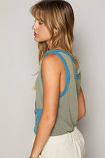 Pol Clothing - V-neck sleeveless color block front crochet star solid top: BASIL/DEEP TEAL / S