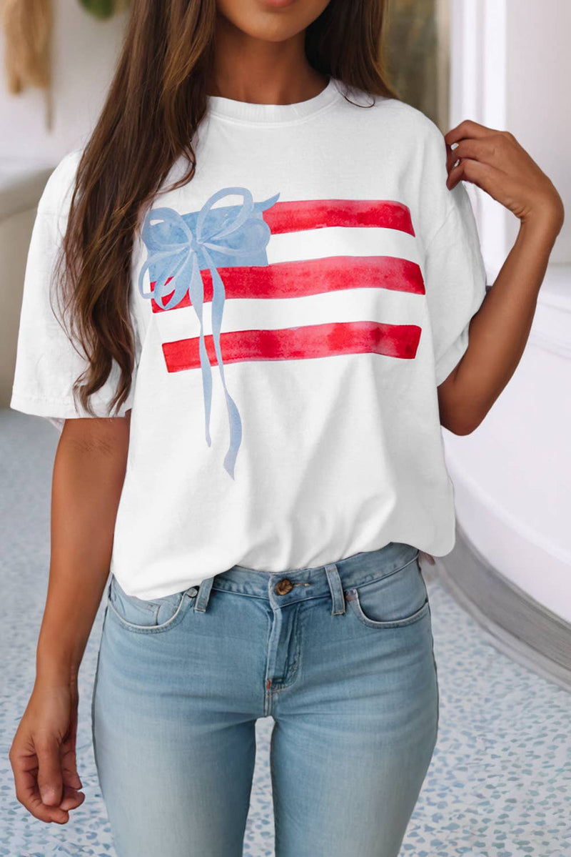 Little Daisy Closet - LDC Flag Bow Graphic Crewneck Tee: White / L