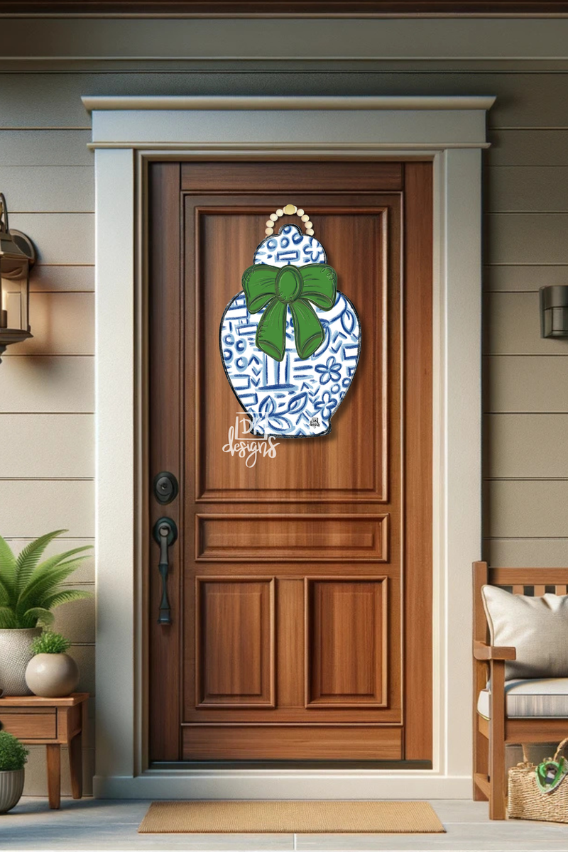 Chinoiserie Jar Green Bow Door Sign