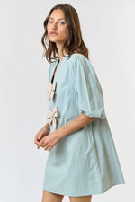 LINEN FRONT BOW DETAIL PUFF SLEEVE MINI DRESS