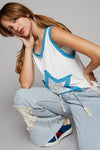Pol Clothing - V-neck sleeveless color block front crochet star solid top: BASIL/DEEP TEAL / S
