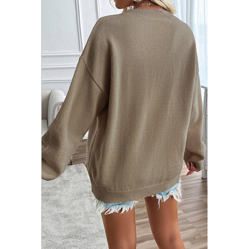 Knit Round Neck Flag Print Loose Fit Sweater: BEIGE