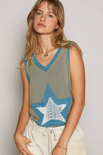 Pol Clothing - V-neck sleeveless color block front crochet star solid top: BASIL/DEEP TEAL / S