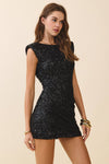 Sequin Scoop Back Structured Shoulders Dress: Black / S