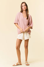 V-Neck Dropped Short Sleeve Exposed Seam Sweater